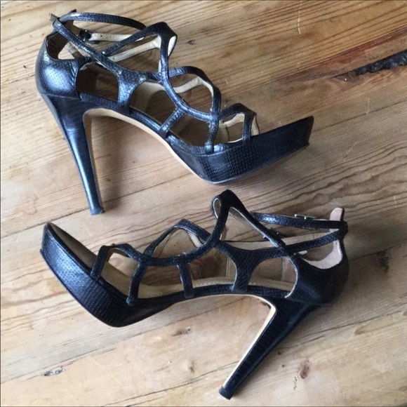 Nine West Shoes - Nine West Black Leather Cage Platform Stilettos